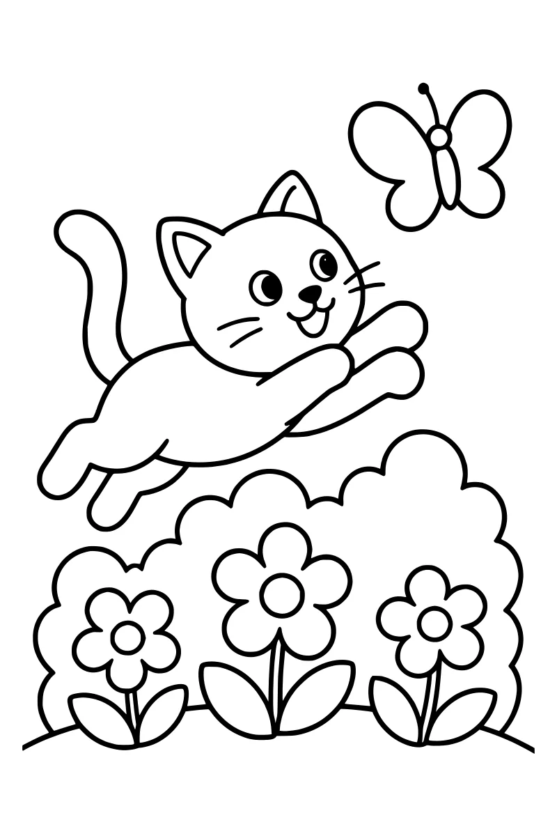 Cat Chasing a Butterfly Coloring Page · Coloring123