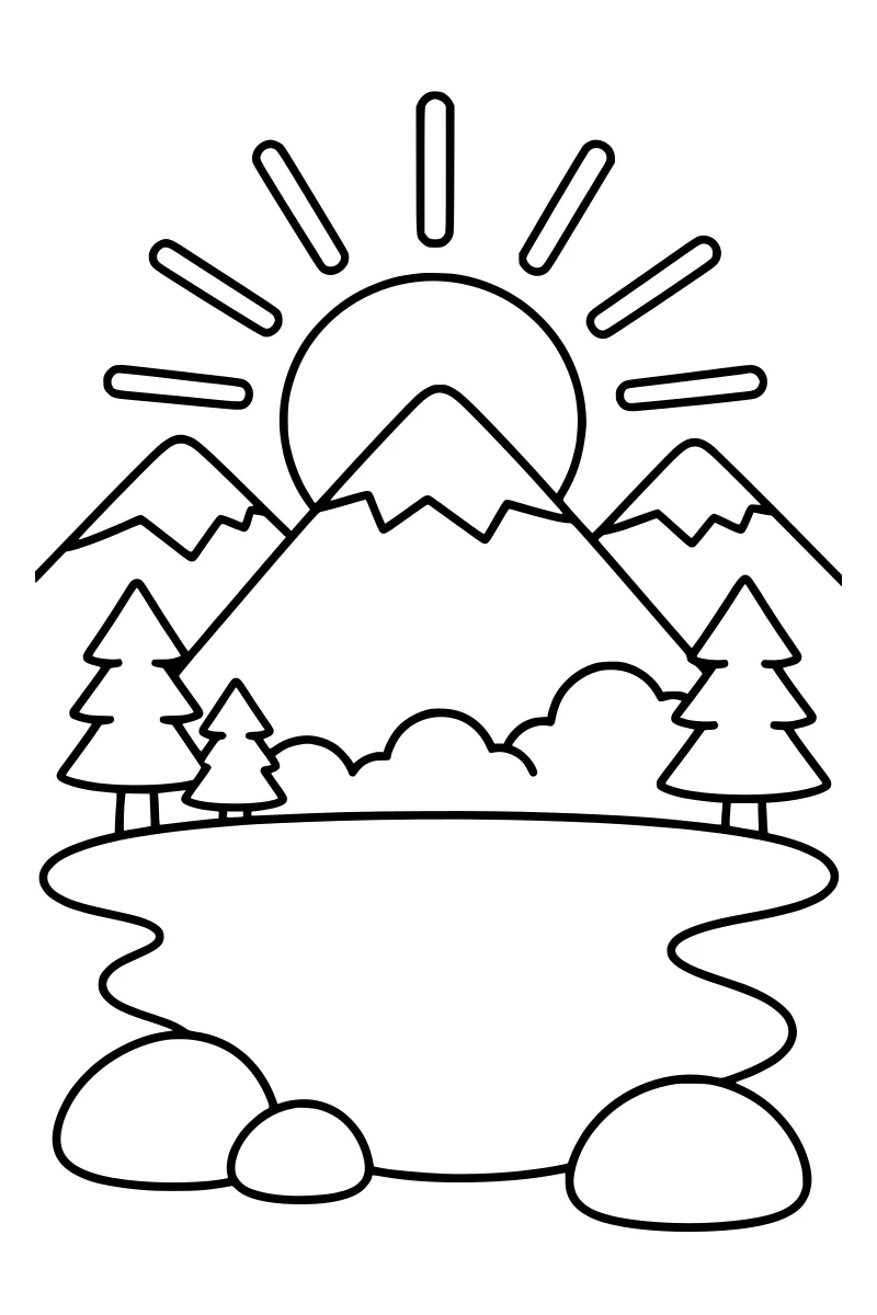 Sun Rising Colouring Page Mountain Lake at Sunrise Coloring Page · Coloring123