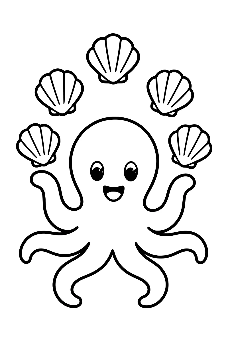Smiling Octopus Juggling Shells Coloring Page · Coloring123