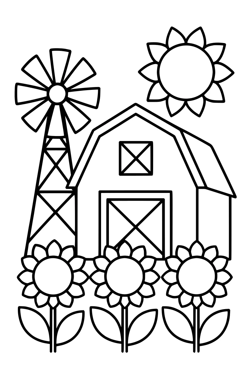 Windmill Hand Coloring Barn, Windmill & Sunflowers Coloring Page · Coloring123